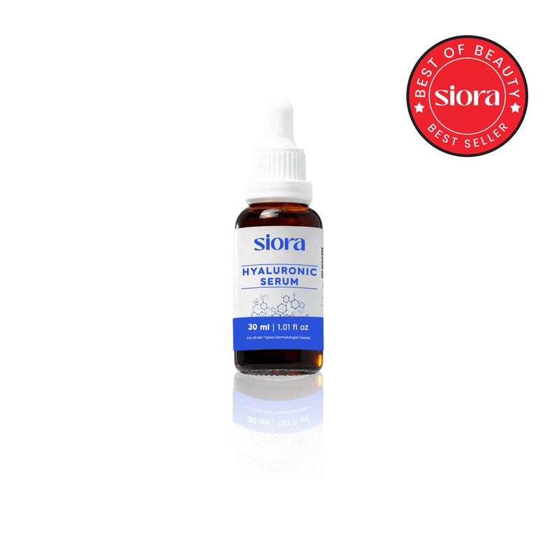 Siora Hyaluronic Serum bottle with a red 'Best of Beauty Best Seller' badge on a white background
