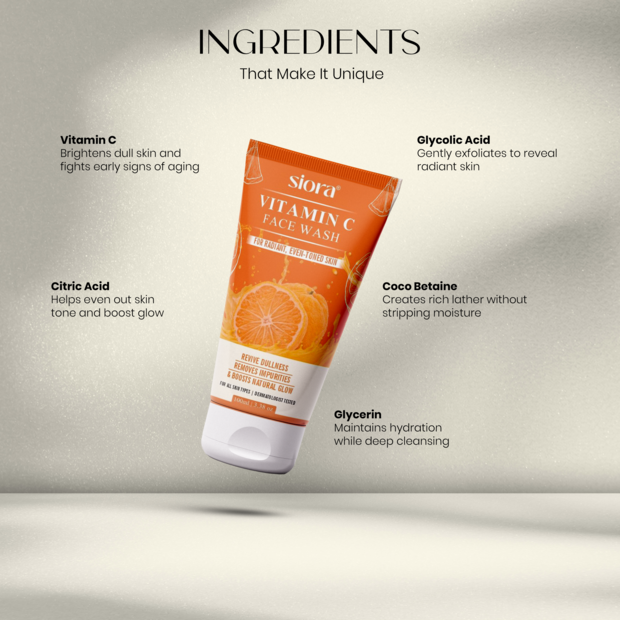Siora Vitamin C Face Wash with listed ingredients on a gray background