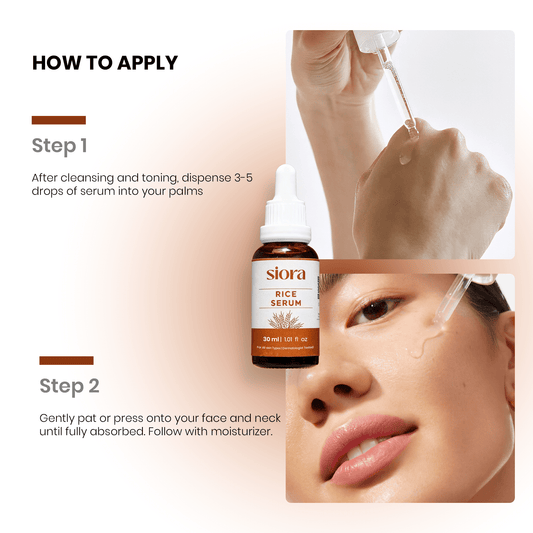 Instructions on how to apply a siora rice serum with close-up of bottle and application process.