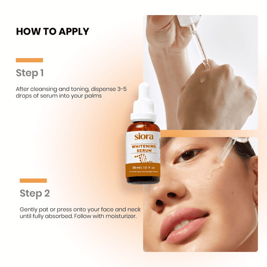 Instructions on how to apply a skincare serum with a bottle of siora serum shown.