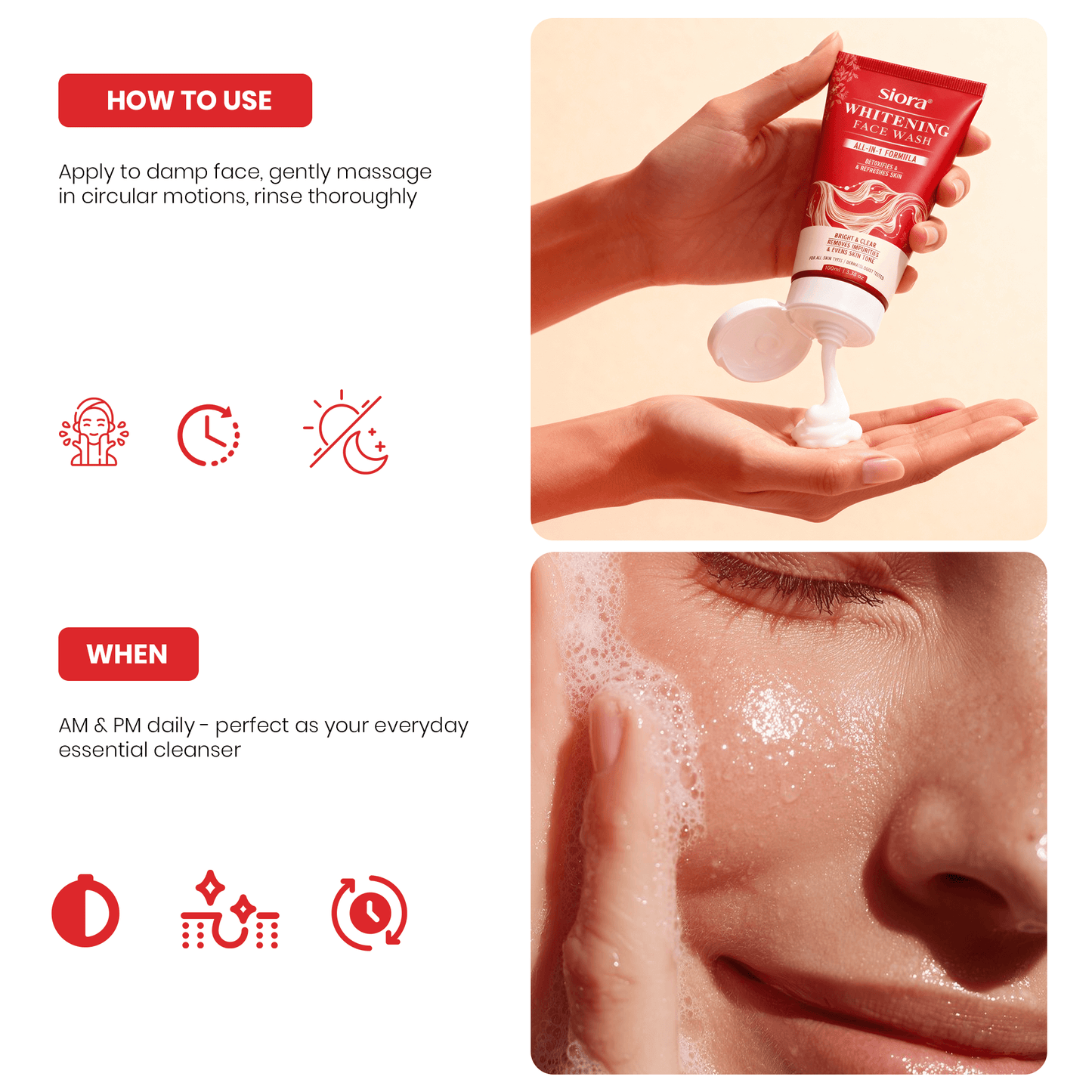 Skincare product usage guide with hand holding tube and applying cream to face.