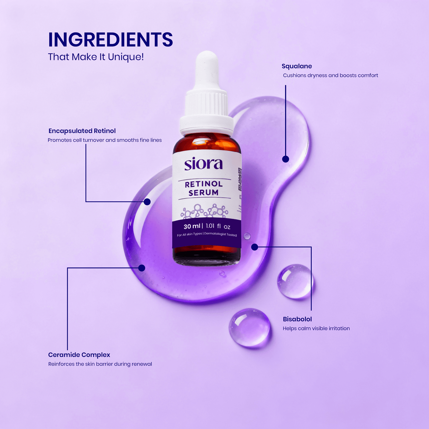 Siora Retinol Serum bottle with dropper on a purple background, highlighting ingredients.