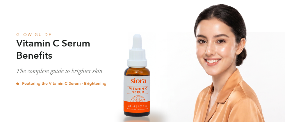 Siora Vitamin C Serum bottle with a woman with bright glowing skin — vitamin C serum benefits for brighter skin