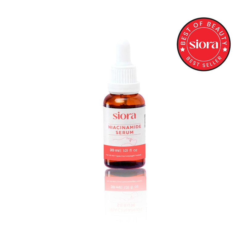 Siora Niacinamide Serum bottle with a 'Best of Beauty Best Seller' badge on a white background