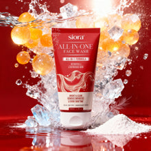Siora Whitening Face Wash tube with water splashes and ice cubes on a red background