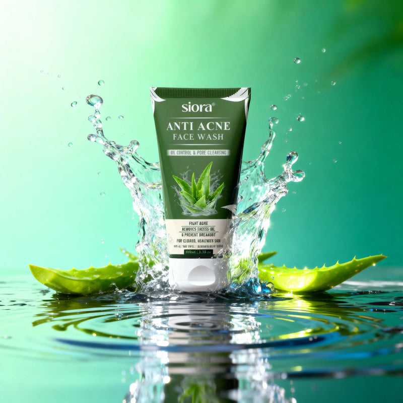 Siora Anti Acne Face Wash packaging with water splashes and aloe vera leaves on a green background