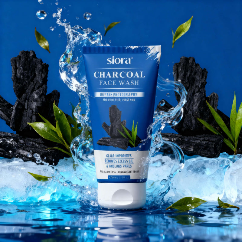 Siora Charcoal Face Wash tube with water splashes and natural elements on a blue background