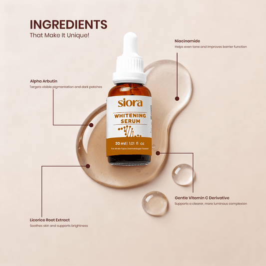 Siora Whitening Serum bottle with dropper on a beige background, highlighting ingredients.