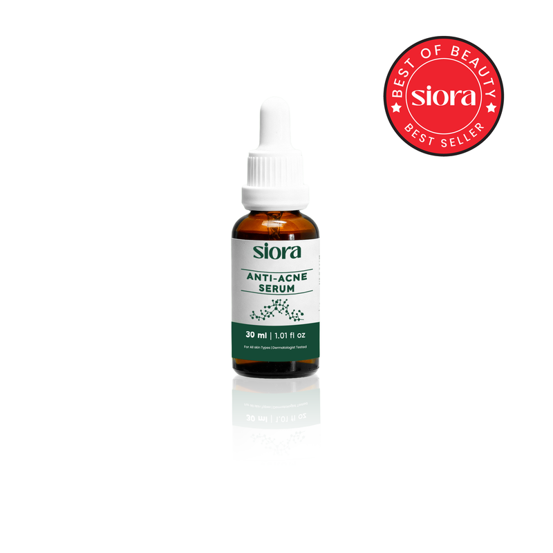 Siora anti-acne serum bottle with a 'Best of Beauty' badge on a white background