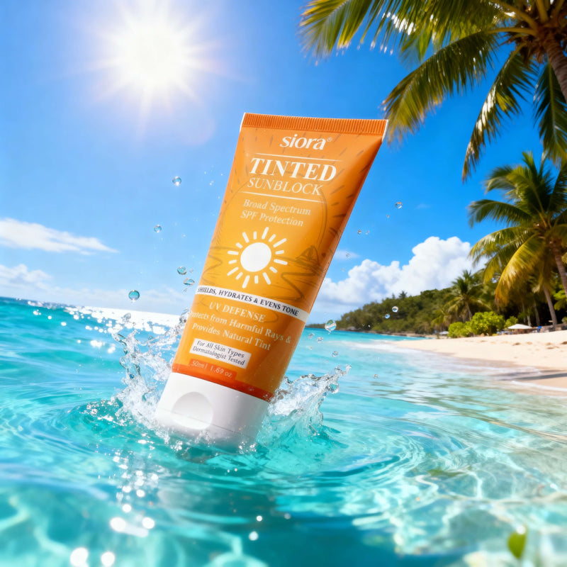 Siora tinted sunblock tube in clear blue water with a tropical beach background