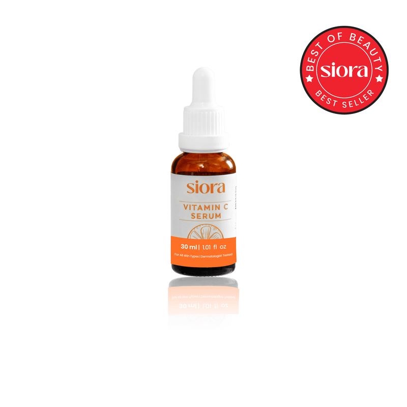 Siora Vitamin C Serum bottle with dropper on a white background, featuring 'Best of Beauty Best Sellers' badge.