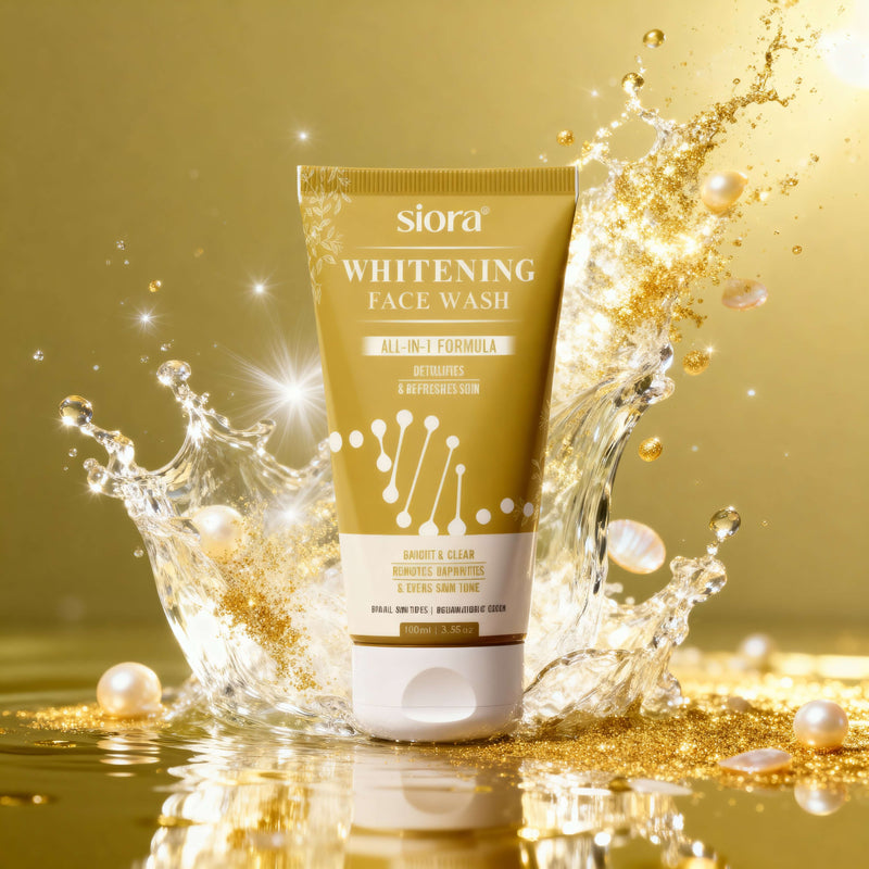 Siora Whitening Face Wash tube with water splash and pearls on a gold background